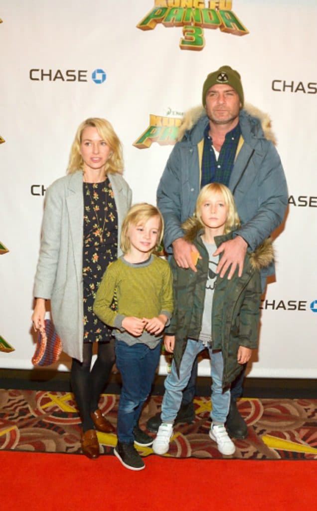 NEW YORK, NEW YORK - JANUARY 16: (L-R) Naomi Watts, Samuel Schreiber, Alexander Schreiber and Liev Schreiber attend a screening of "Kung Fu Panda3" at AMC Loews Kips Bay 15 theater on January 16, 2016 in New York City. (Photo by Steven A Henry/WireImage)