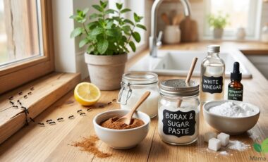A close-up photograph of natural ingredients for ant prevention, including bowls of ground cinnamon and baking soda, a glass jar of borax paste, fresh lemons, and peppermint essential oil, arranged on a rustic wooden kitchen counter with a trail of ants leading towards the window in a bright, modern family kitchen. The 'Mama XXI' logo is in the bottom right corner