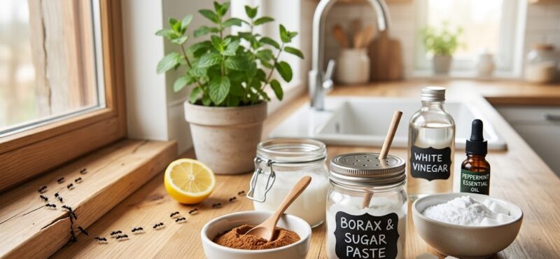 A close-up photograph of natural ingredients for ant prevention, including bowls of ground cinnamon and baking soda, a glass jar of borax paste, fresh lemons, and peppermint essential oil, arranged on a rustic wooden kitchen counter with a trail of ants leading towards the window in a bright, modern family kitchen. The 'Mama XXI' logo is in the bottom right corner