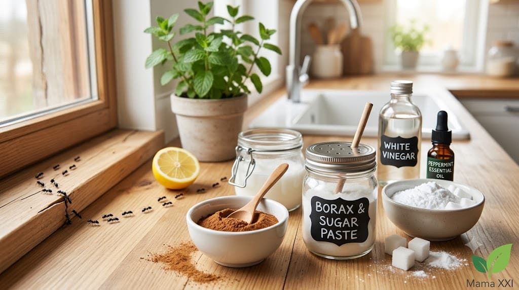 A close-up photograph of natural ingredients for ant prevention, including bowls of ground cinnamon and baking soda, a glass jar of borax paste, fresh lemons, and peppermint essential oil, arranged on a rustic wooden kitchen counter with a trail of ants leading towards the window in a bright, modern family kitchen. The 'Mama XXI' logo is in the bottom right corner