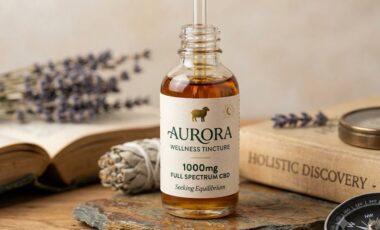 A glass dropper bottle of Aurora wellness tincture labeled 'Seeking Equilibrium' placed on a natural stone surface, surrounded by lavender and an open book, symbolizing holistic wellness and calm