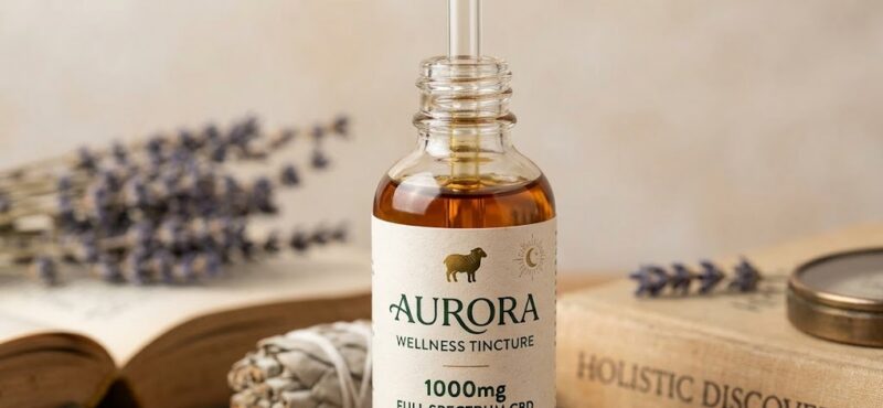 A glass dropper bottle of Aurora wellness tincture labeled 'Seeking Equilibrium' placed on a natural stone surface, surrounded by lavender and an open book, symbolizing holistic wellness and calm