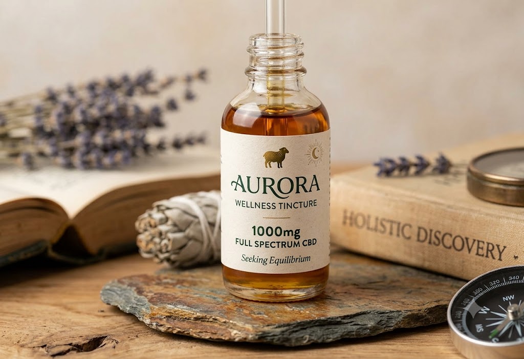 A glass dropper bottle of Aurora wellness tincture labeled 'Seeking Equilibrium' placed on a natural stone surface, surrounded by lavender and an open book, symbolizing holistic wellness and calm.