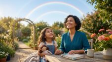 : A smiling woman and her daughter sitting at a wooden table in a sunlit garden under a double rainbow, representing hope, recovery, and the healing power of connection