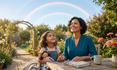 : A smiling woman and her daughter sitting at a wooden table in a sunlit garden under a double rainbow, representing hope, recovery, and the healing power of connection