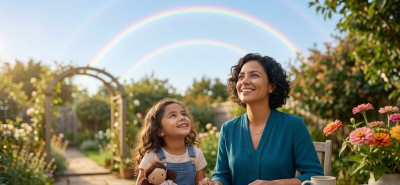 : A smiling woman and her daughter sitting at a wooden table in a sunlit garden under a double rainbow, representing hope, recovery, and the healing power of connection