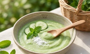 A bowl of fresh cucumber cream, representing natural and water-based skin care for a refreshing summer routine for moms.