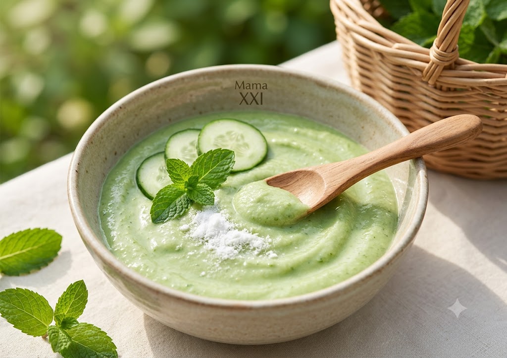 Natural homemade paste for underarm care made with cucumber, mint, and baking soda in a ceramic bowl.