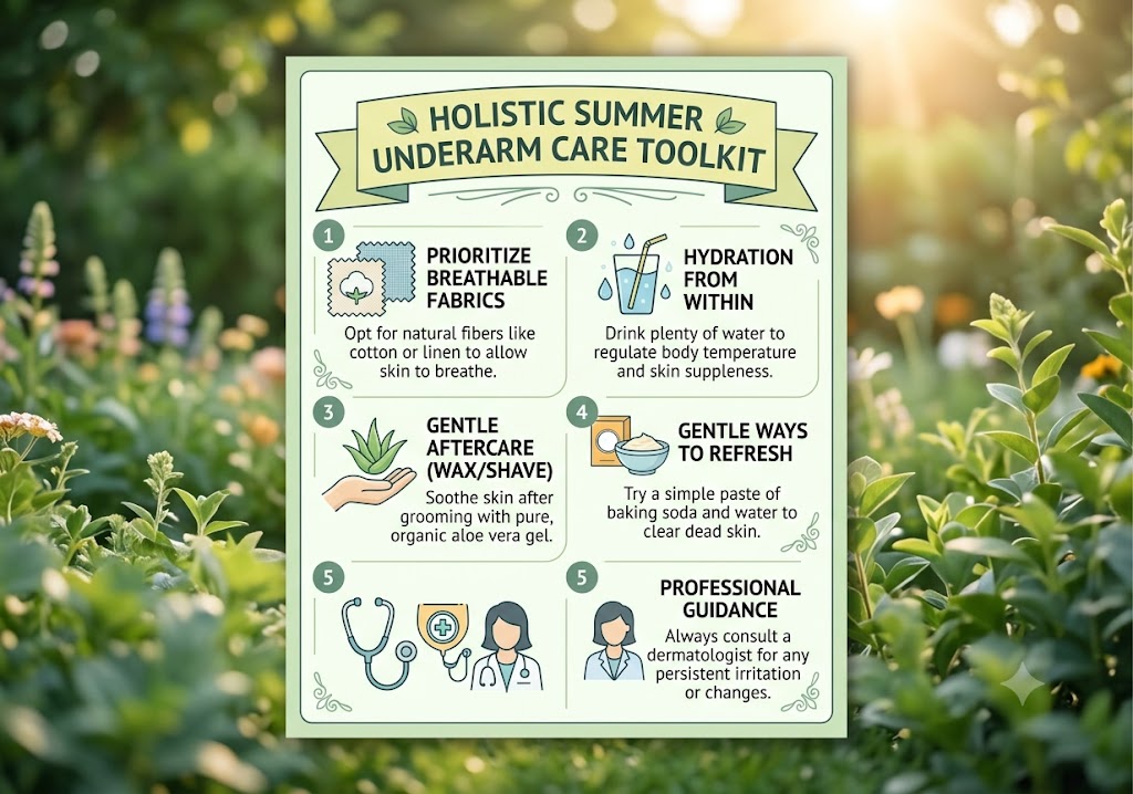 Holistic Summer Underarm Care Toolkit infographic showing tips for breathable fabrics, hydration, gentle aftercare, natural refreshing, and professional guidance.