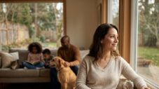 Woman taking a moment to practice self-care by reading a book in a sun-dappled living room, with her family in the blurred background. Style: magazine cover photograph.