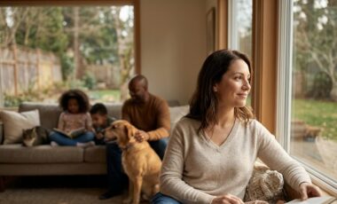 Woman taking a moment to practice self-care by reading a book in a sun-dappled living room, with her family in the blurred background. Style: magazine cover photograph.