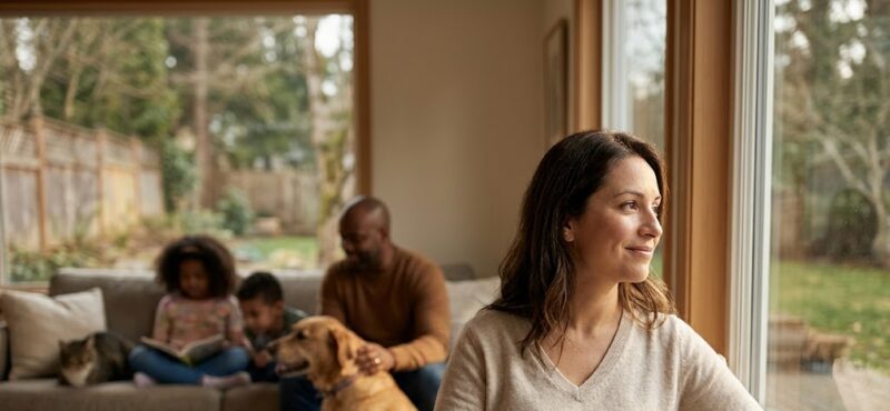 Woman taking a moment to practice self-care by reading a book in a sun-dappled living room, with her family in the blurred background. Style: magazine cover photograph.