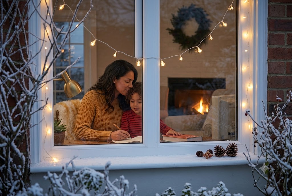 Through the window view of a working mompreneur in a cozy home office, gently embracing her son while writing in a notebook.