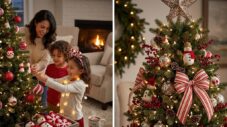 A mother and her children decorating a Christmas tree together in a cozy, warm home, symbolizing family connection and the joy of holiday preparations.