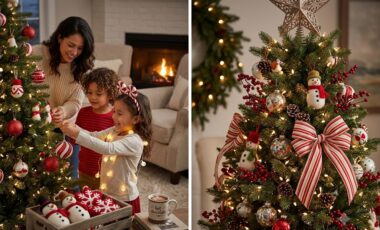 A mother and her children decorating a Christmas tree together in a cozy, warm home, symbolizing family connection and the joy of holiday preparations.