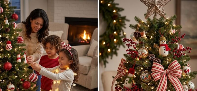 A mother and her children decorating a Christmas tree together in a cozy, warm home, symbolizing family connection and the joy of holiday preparations.