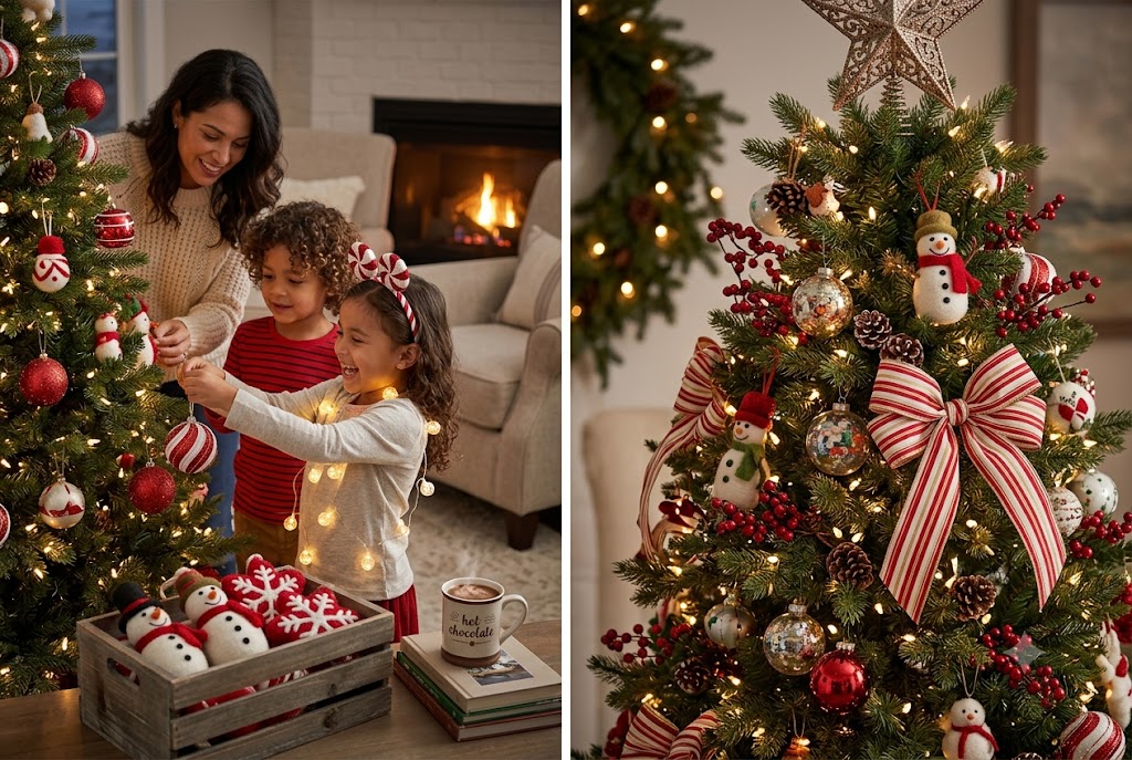 A mother and her two children happily decorating a Christmas tree together in a cozy living room with a fireplace