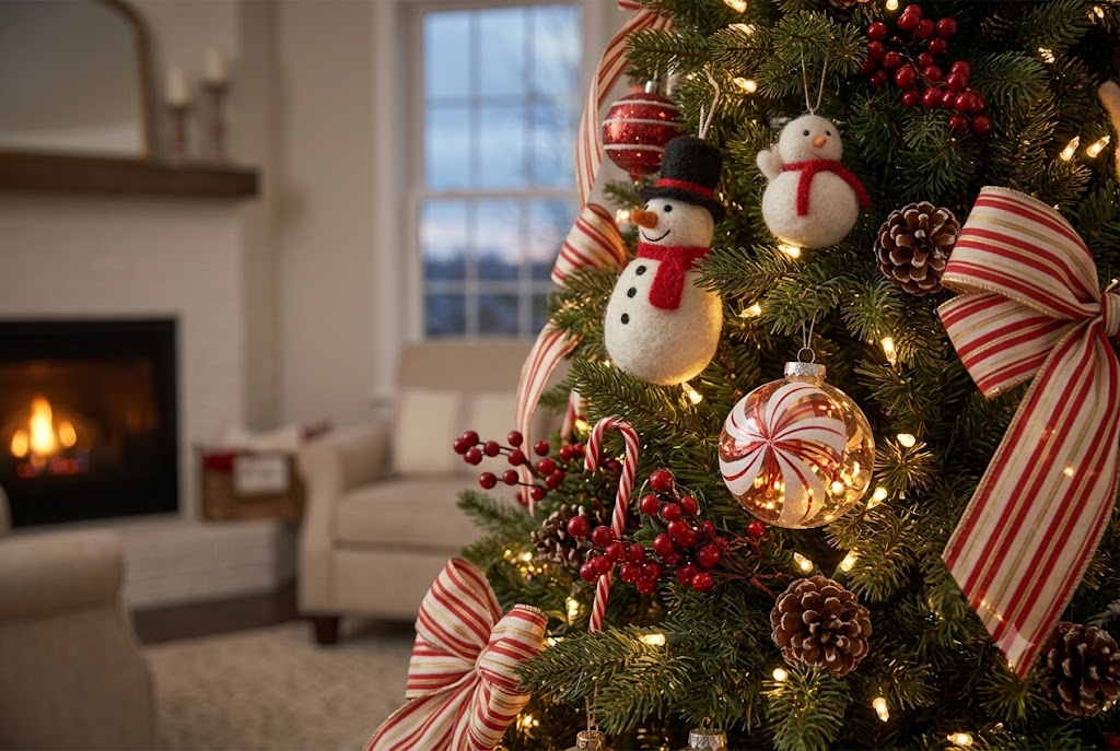 Close-up of a decorated Christmas tree with felt snowman ornaments, red berry branches, and warm string lights in a festive home setting.