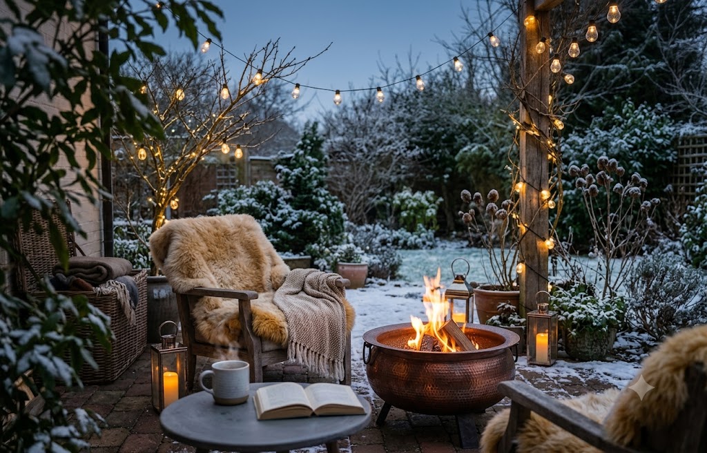 Cozy rustic winter patio setup with a glowing fire pit, string lights, and fur-covered chairs in a snowy garden.