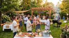 Elegant and joyful backyard garden party setup with string lights, conversation zones, and friends celebrating outdoors | Mama XXI