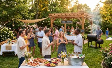 Elegant and joyful backyard garden party setup with string lights, conversation zones, and friends celebrating outdoors | Mama XXI