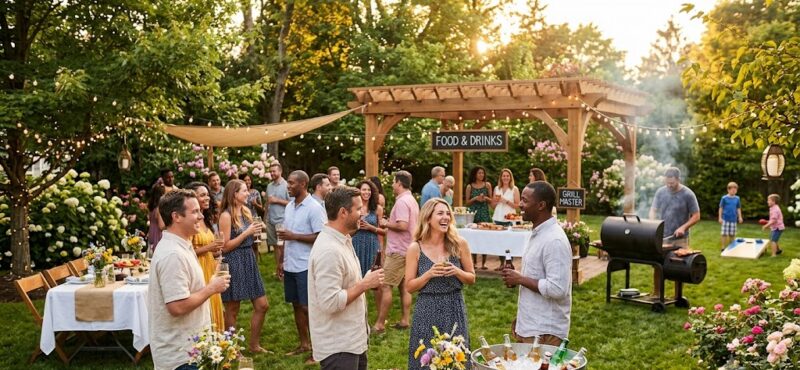 Elegant and joyful backyard garden party setup with string lights, conversation zones, and friends celebrating outdoors | Mama XXI
