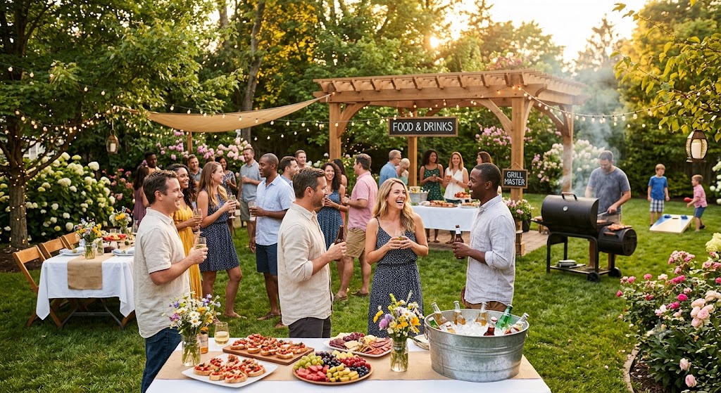 Elegant and joyful backyard garden party setup with string lights, conversation zones, and friends celebrating outdoors | Mama XXI
