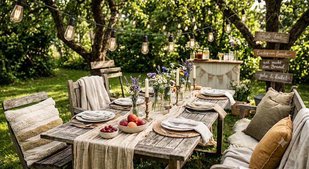 Rustic outdoor garden table set with string lights, wild flowers in glass vases, and comfortable cushions for a garden party.