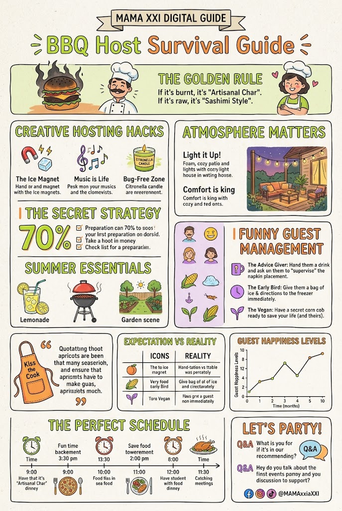 A single, vertical infographic with a handcrafted, playful, 'sketchbook-style' aesthetic on textured, light-colored paper. The guide is titled 'MAMA XXI DIGITAL GUIDE - Ultimate BBQ Host Survival Guide' in a decorative, hand-drawn font. The image features several distinct, beautifully illustrated panels with charming cartoons, all in English. Panel 1: 'THE GOLDEN RULE' has a burnt burger and chef saying: 'If it's burnt, it's 'Artisanal Char'. If it's raw, it's 'Sashimi Style'.'. Panel 2: 'CREATIVE HOSTING HACKS' has icons for 'The Ice Magnet', 'Music is Life', and 'Bug-Free Zone' with funny tips. Panel 3: 'ATMOSPHERE MATTERS' shows a cozy patio with string lights and tips on lighting and comfort. Panel 4: 'THE SECRET STRATEGY' has an illustrated '70%' and checklist about preparation. Panel 5: 'SUMMER ESSENTIALS' features icons for lemonade, a grill, and a garden scene. Panel 6: 'FUNNY GUEST MANAGEMENT' has cartoons for 'The Advice Giver', 'The Early Bird', and 'The Vegan' with humorous tips. Panel 7: 'BBQ WISDOM' quotation panel with a chef's apron and a funny quote about apricots and aprons. Panel 8: 'EXPECTATION VS REALITY' hand-drawn table. Panel 9: 'GUEST HAPPINESS LEVELS' hand-drawn line chart. Panel 10: 'THE PERFECT SCHEDULE' timeline with illustrated steps and times. Panel 11: 'LET'S PARTY!' discussion panel with social media icons.