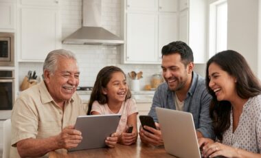 Multicultural family smiling while using technology devices in a modern kitchen.