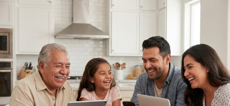 Multicultural family smiling while using technology devices in a modern kitchen.