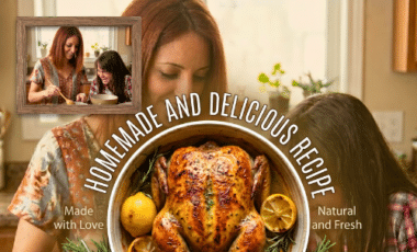 A whole golden roasted chicken served on a white plate with fresh rosemary and lemon slices, featuring a circular badge that says "Homemade and Delicious Recipe."