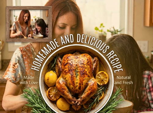 A whole golden roasted chicken served on a white plate with fresh rosemary and lemon slices, featuring a circular badge that says "Homemade and Delicious Recipe."