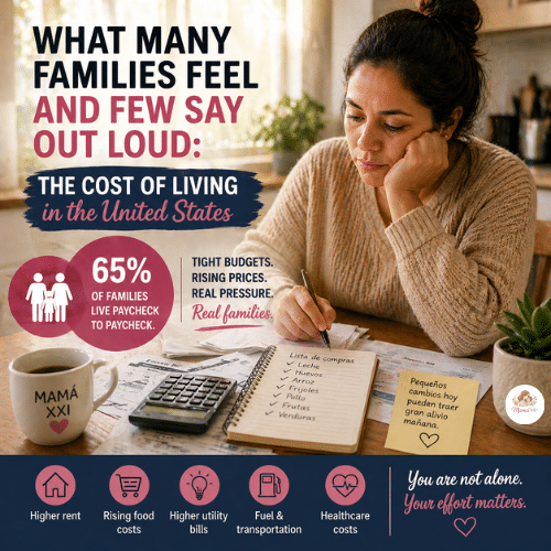 mother looking worried while reviewing monthly bills at a kitchen table, representing the rising cost of living in the United States.