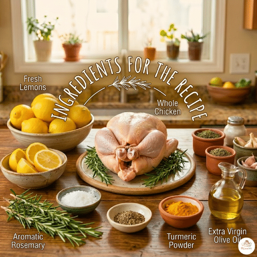 A collage featuring a whole roasted chicken with lemon and rosemary, ingredients on a wooden board, and a decorative circular badge that says "Authentic Flavor Homemade and Delicious Recipe."