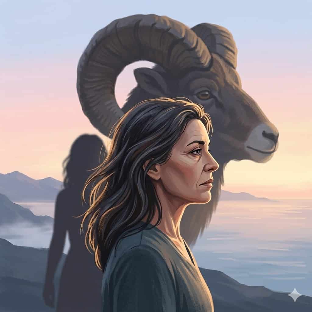 An artistic close-up of a woman with fire-like hair and a determined expression, symbolizing the inner clarity and personal sovereignty of the Aries energy.