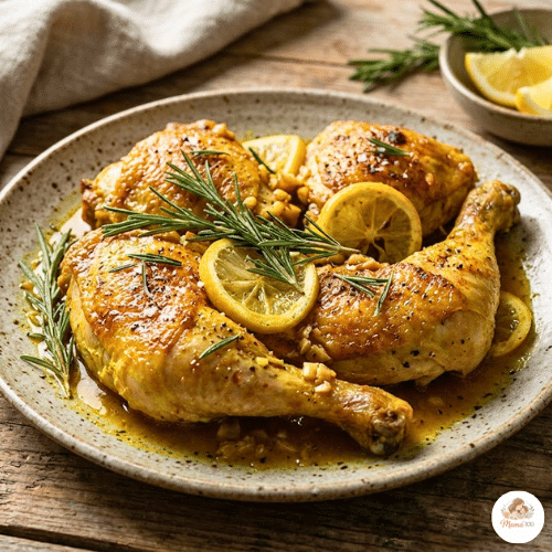 A close-up shot of a golden roasted chicken seasoned with lemon slices and fresh rosemary sprigs on a rustic serving plate.