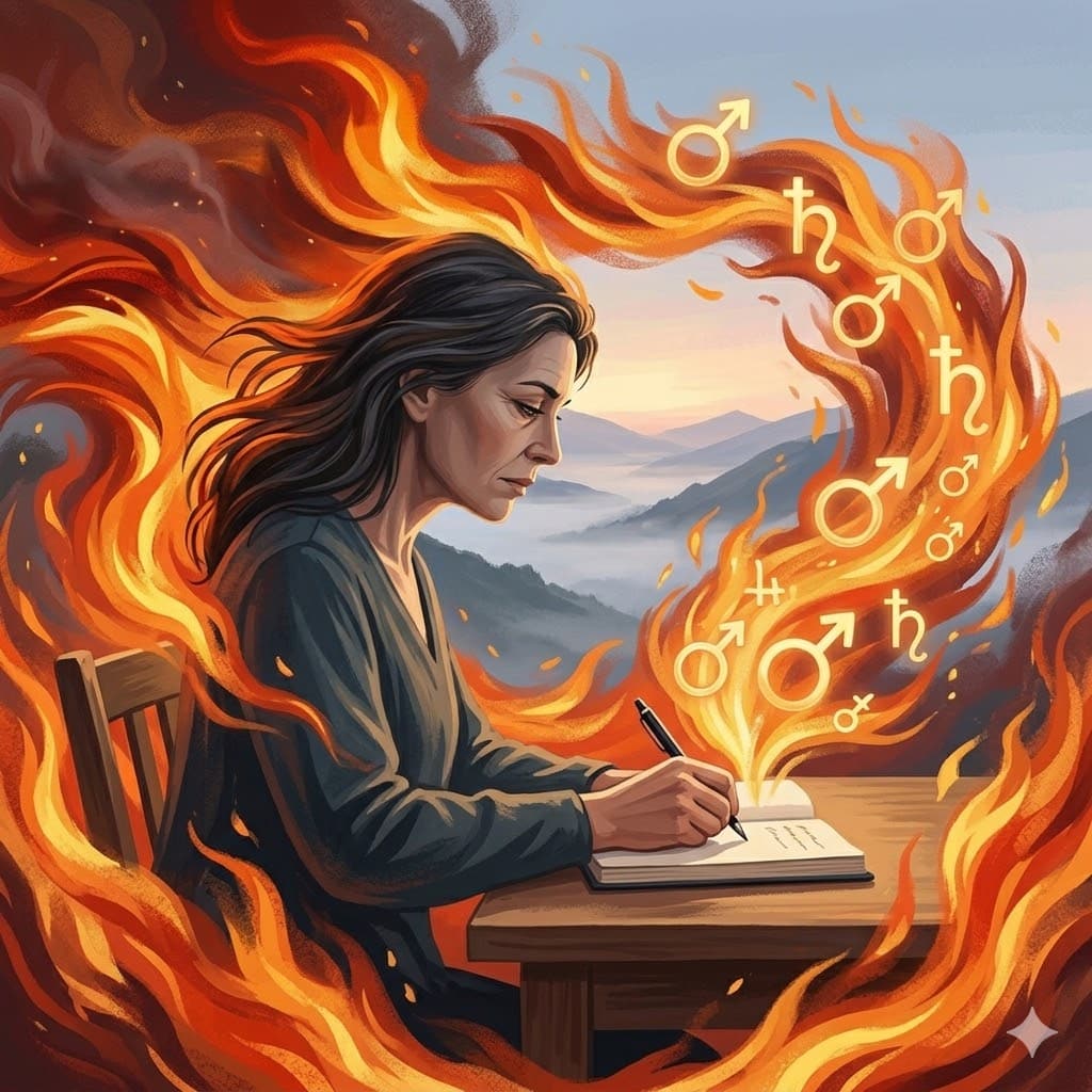 A serene woman in profile surrounded by vibrant orange flames and flowers, representing the transmutation of anger into creative power and personal sovereignty.