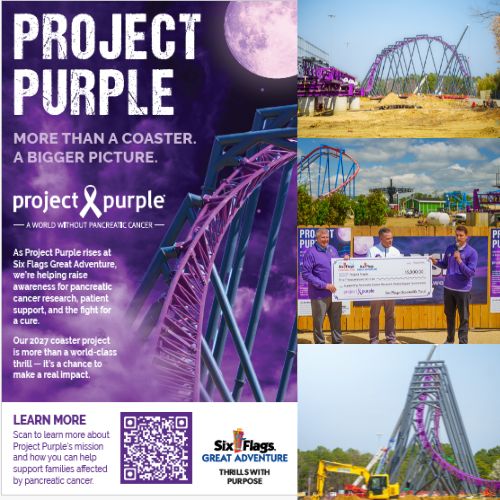 Construction progress of Project Purple at Six Flags Great Adventure, a future attraction dedicated to pancreatic cancer awareness.