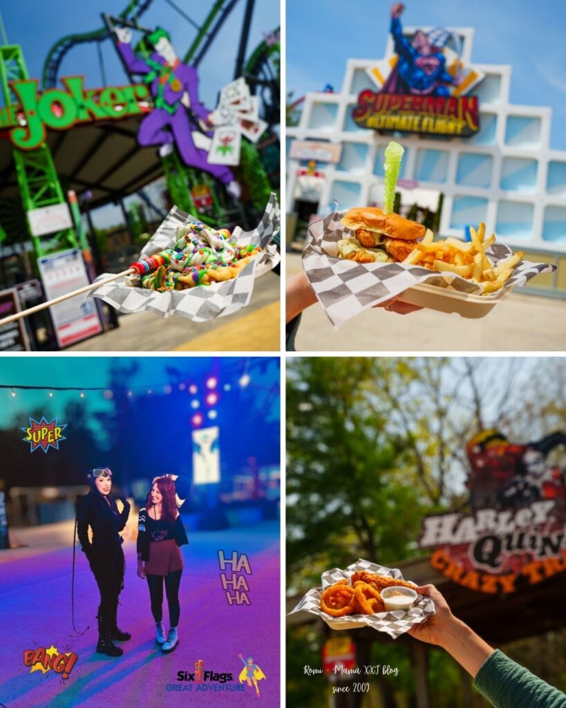 A four-panel collage showing themed food items, costumed performers, and festival decor at the DC Heroes & Villains Fest at Six Flags Great Adventure.