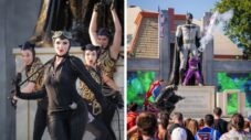 Collage of costumed DC Comics superheroes and villains interacting with visitors at Six Flags Great Adventure DC Heroes and Villains Fest.
