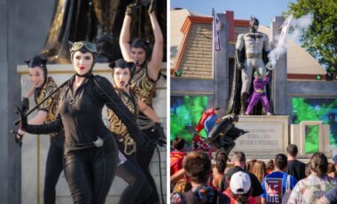 Collage of costumed DC Comics superheroes and villains interacting with visitors at Six Flags Great Adventure DC Heroes and Villains Fest.