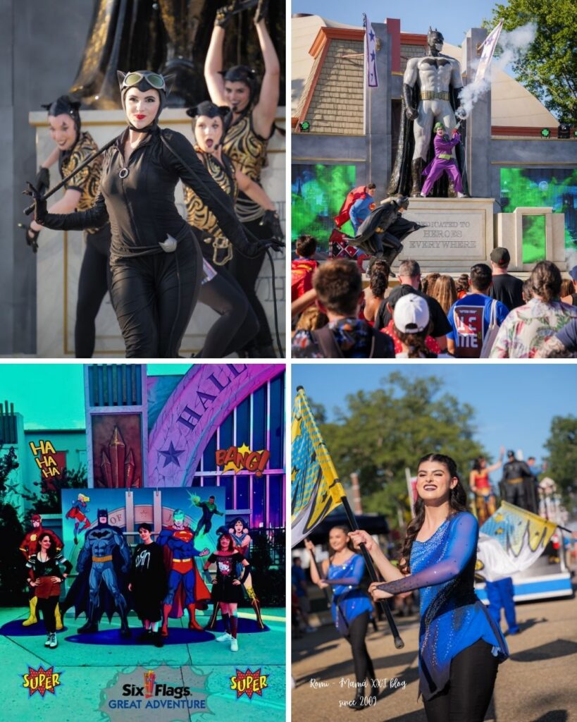 A four-image collage featuring DC Comics characters, performers, and crowds at the DC Heroes & Villains Fest at Six Flags Great Adventure.