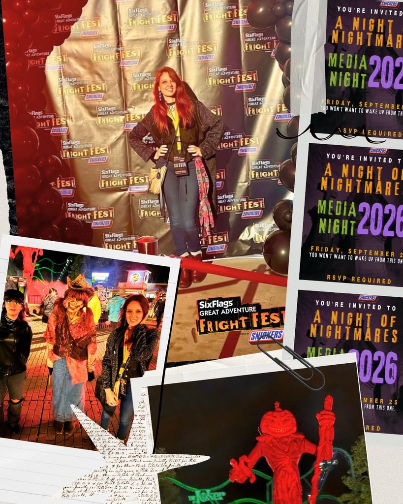 A scrapbook photo collage from Fright Fest 2026 showing Romina Tibytt, themed scary decorations, and event passes at Six Flags Great Adventure.
