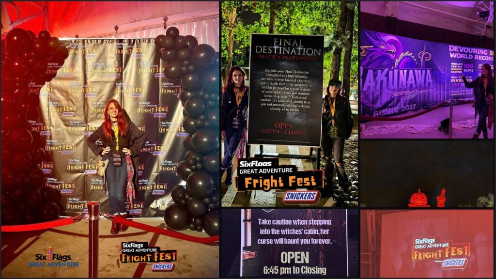 Photo collage of Fright Fest 2026 at Six Flags Great Adventure featuring the giant illuminated Jack-o'-lantern over the red fountain, haunted mazes, and themed scare zones.