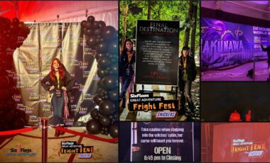 Photo collage of Fright Fest 2026 at Six Flags Great Adventure featuring the giant illuminated Jack-o'-lantern over the red fountain, haunted mazes, and themed scare zones.