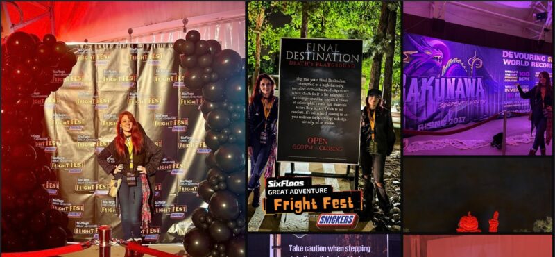 Photo collage of Fright Fest 2026 at Six Flags Great Adventure featuring the giant illuminated Jack-o'-lantern over the red fountain, haunted mazes, and themed scare zones.