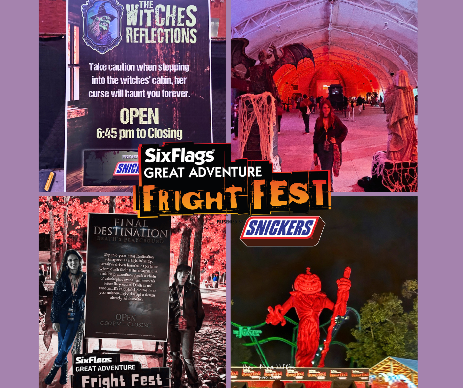 Entrance sign for The Witch's Reflection haunted maze at Six Flags Great Adventure Fright Fest 2026.