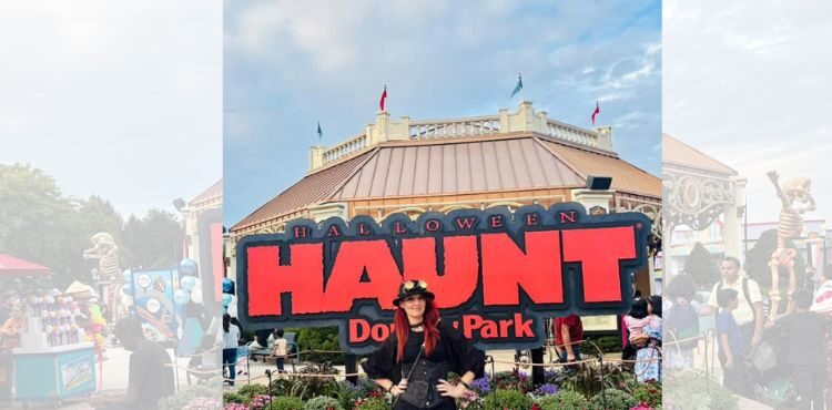 Visitors walking through the spooky entrance gate at Dorney Park Halloween Haunt surrounded by fog, scare actors, and themed attractions.