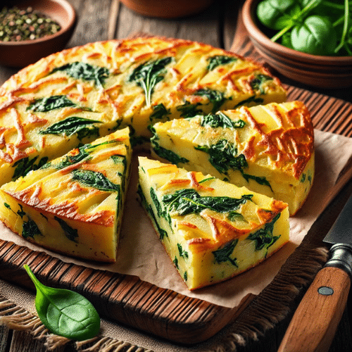 Tortilla dorada de papa y espinaca, cortada en triángulos y servida en un tablero de madera con hojas frescas de espinaca